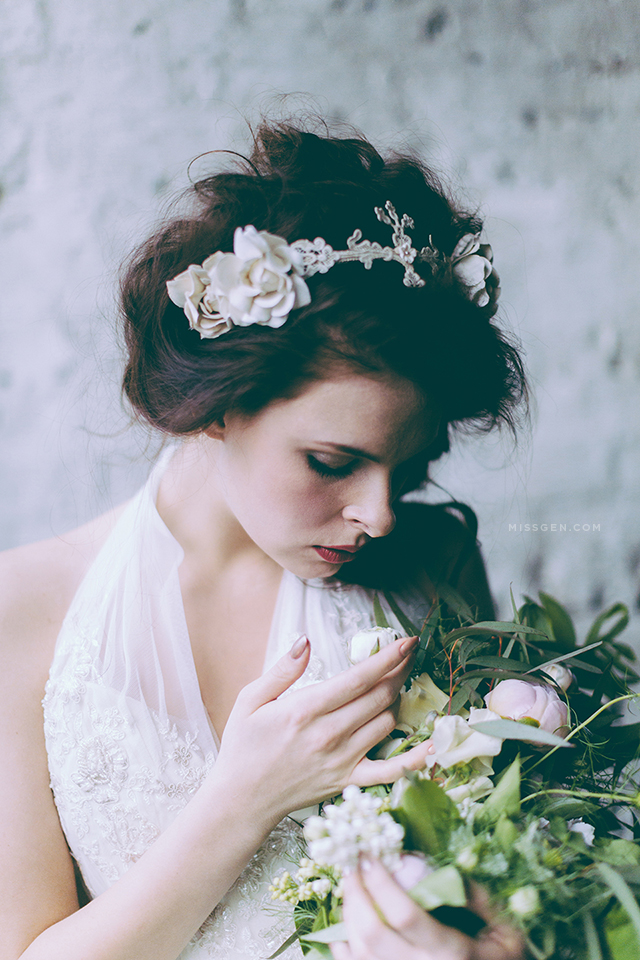 Bethan shot by Genevieve of Miss Gen Photography - London and destination wedding photographer. Bridal fashion shoot in north london. Dress by Faith Caton Barber, Headpiece by Rosie Weisencrantz, Flowers by Ivy Pip & Rose.