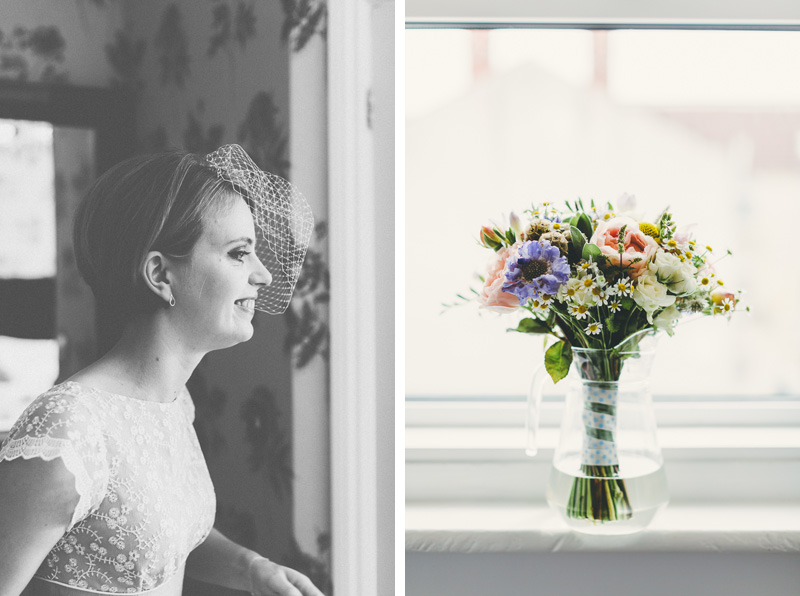 Bridal bouquet on windowsill and portrait of bride in black and white