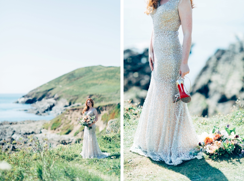 Beach bride in sequinned dress on clifftop