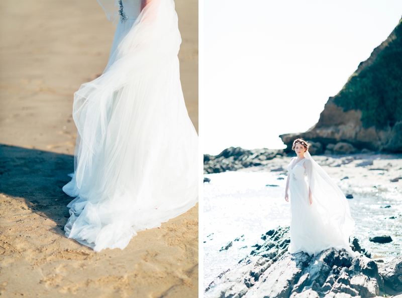 windswept bride on Devon beach