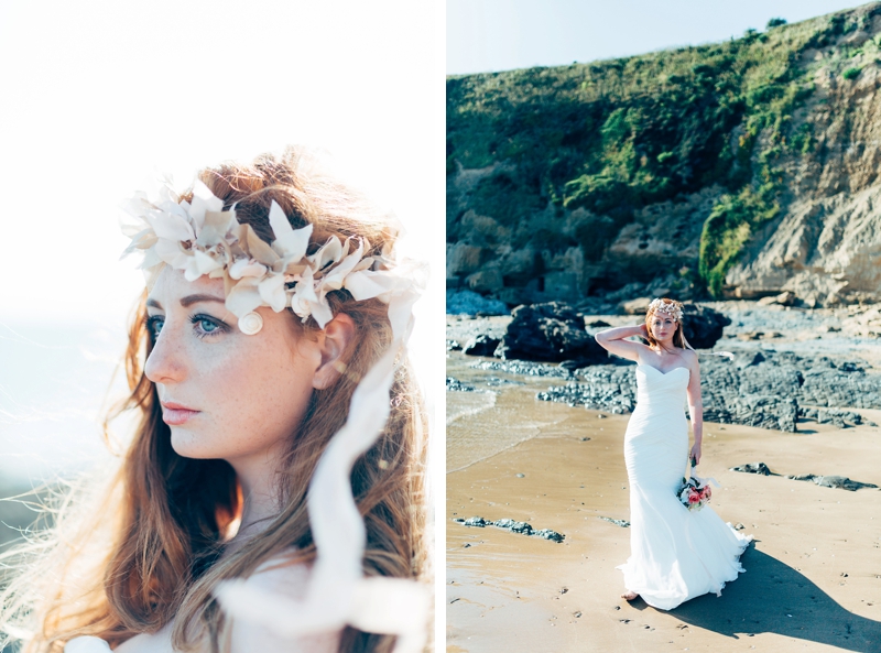 England beach wedding with floaty silk crown with shells