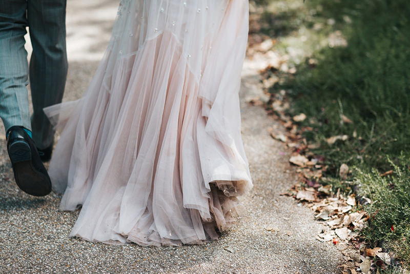 Pink tulle sequin embellished wedding dress by needle and thread by natural wedding photographer, Miss Gen