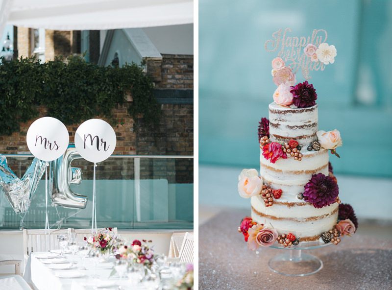 pretty mr and mrs balloons and layered wedding cake by modern london wedding photographer Miss Gen