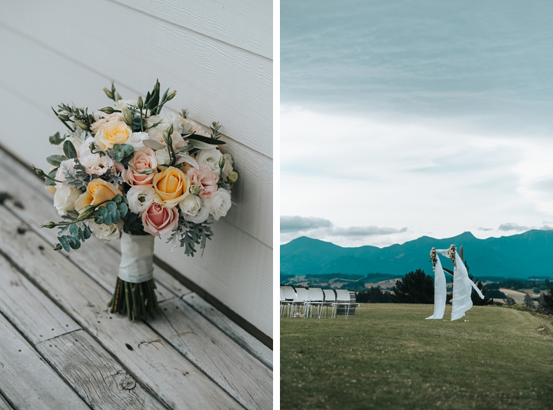 bridal bouquet and floral arch for outdoor wedding at Mahana Winery in Nelson, New Zealand by Destination wedding photographer, Miss Gen.