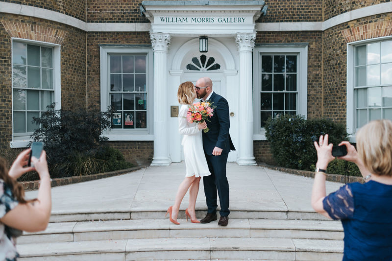 bride and groom kissing at intimate wedding at the William Morris Gallery in walthamstow by london wedding photographer Miss Gen