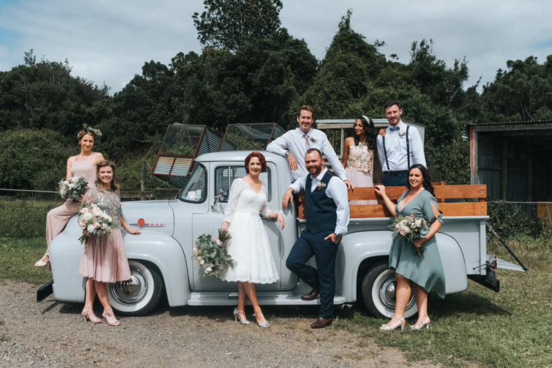 wedding party on a vintage truck in new zealand