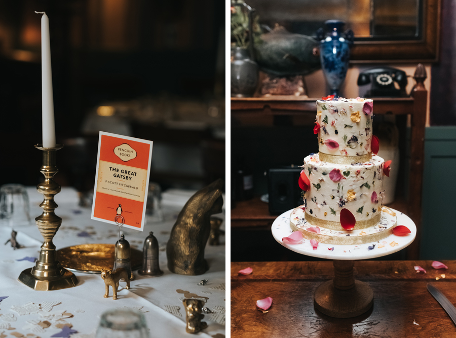 table setting details and wedding cake covered in petals for an intimate london wedding at the Zetter Townhouse in Clerkenwell, photographed by Miss Gen